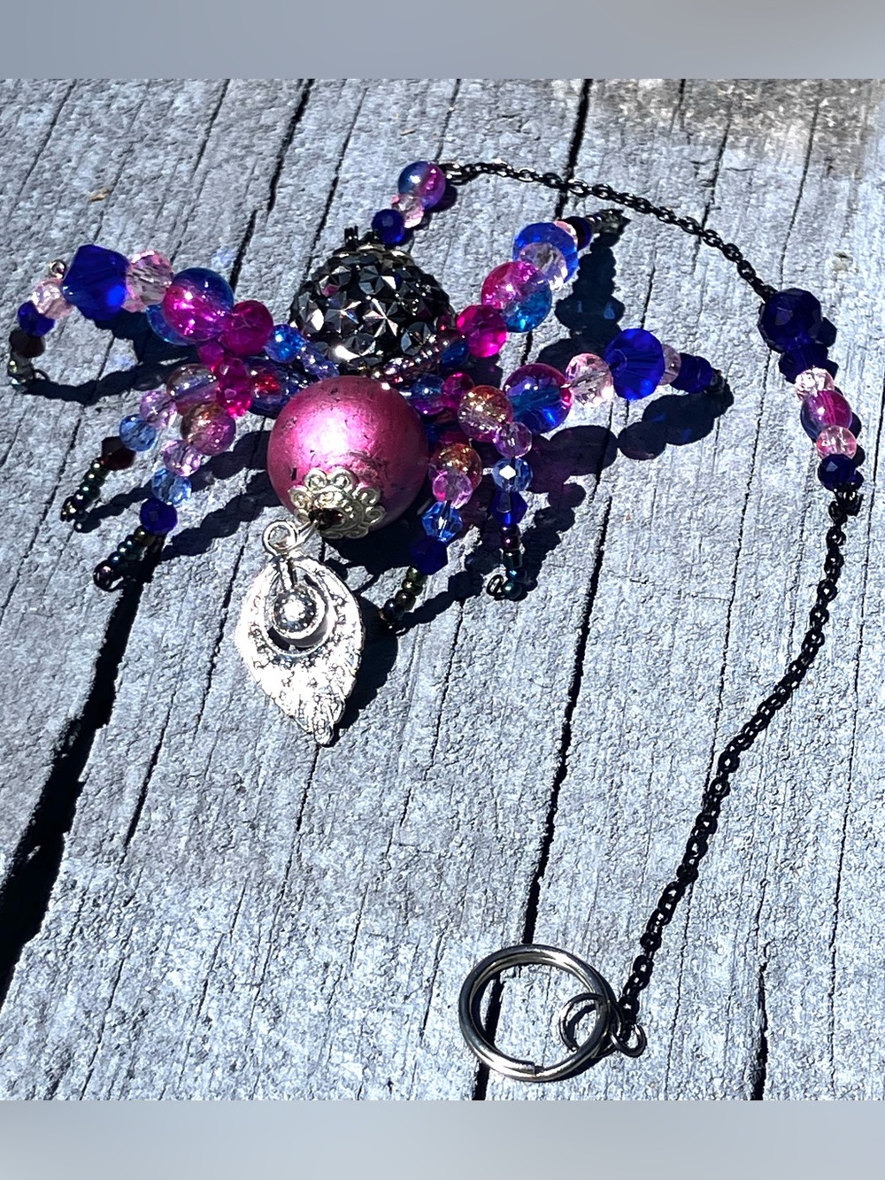 Blue and Pink Beaded Spider Sun catcher with pearl charm and silver accents - Picture 5 of 7